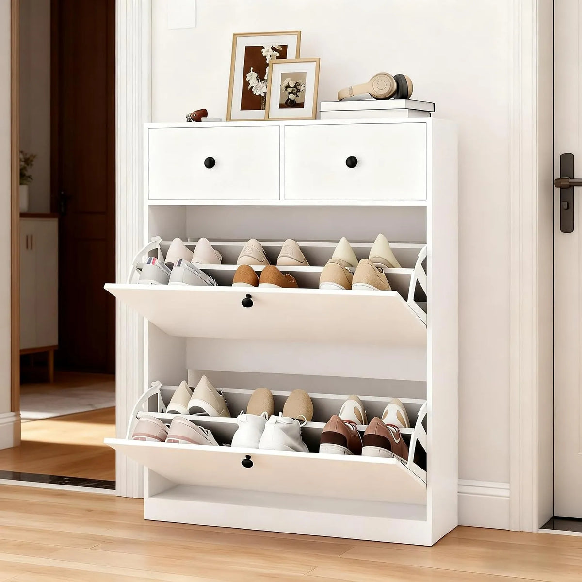 Szafka na buty, YOURLITE, 80 x 24 x 106 cm, 2 szuflady, kolor biały, do przedpokoju