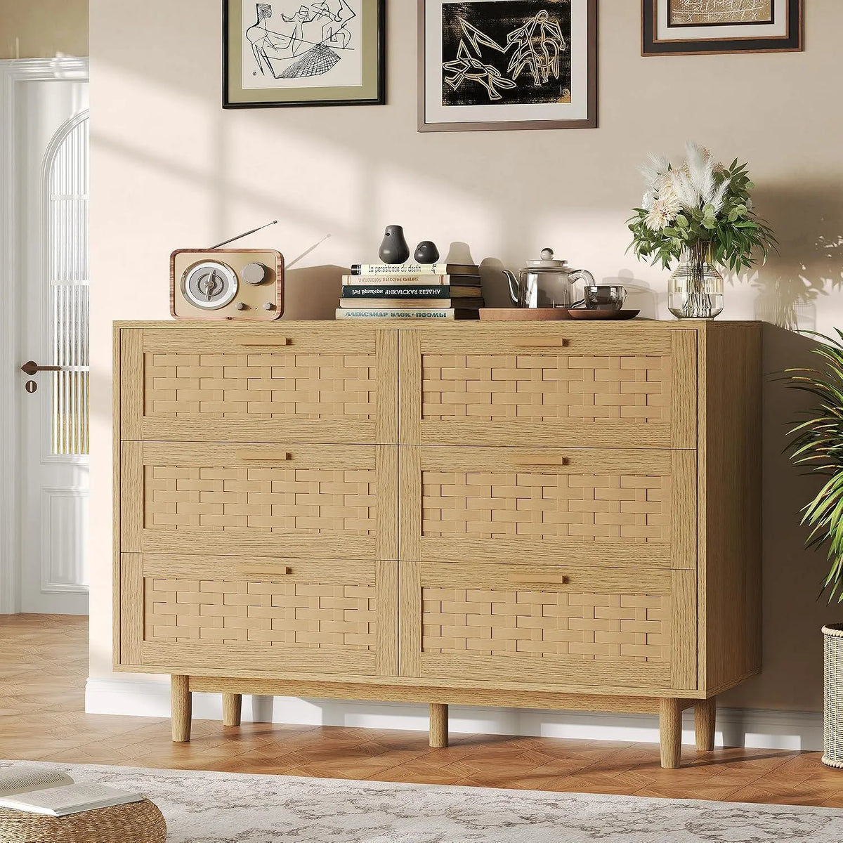 Komoda, 6 szuflad, drewno i rattan, do sypialni, mebel z szufladami do przechowywania