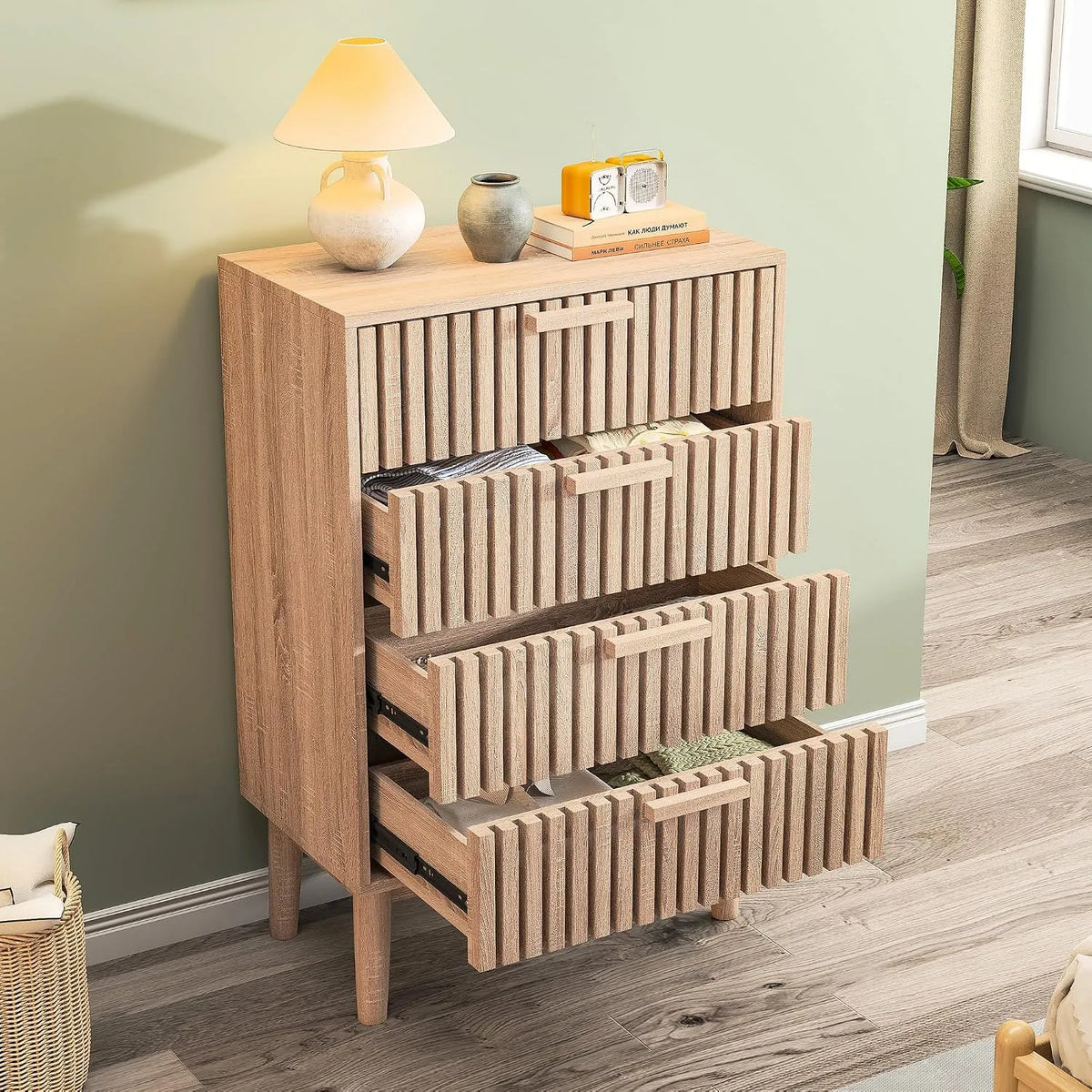 Komoda, BRILVERDE, 90 x 60 x 34 cm, 4 szuflady, drewno i rattan, kolor naturalny, do salonu i do sypialni