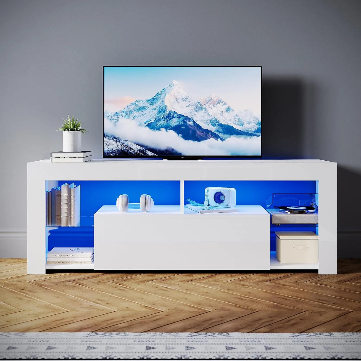 Szafka RTV, SONNI Nowoczesna, 140 x 35 cm, kolor biały, do salonu i do sypialni