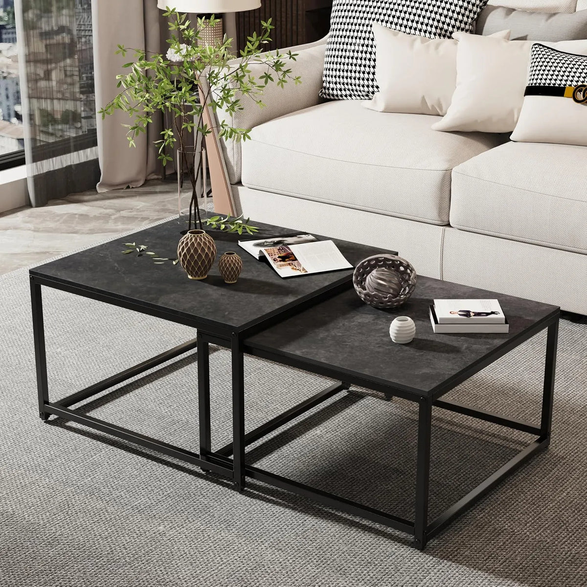 Stolik kawowy, FATIVO, 65x65x40 cm, metal i marmur, kolor czarny, do salonu