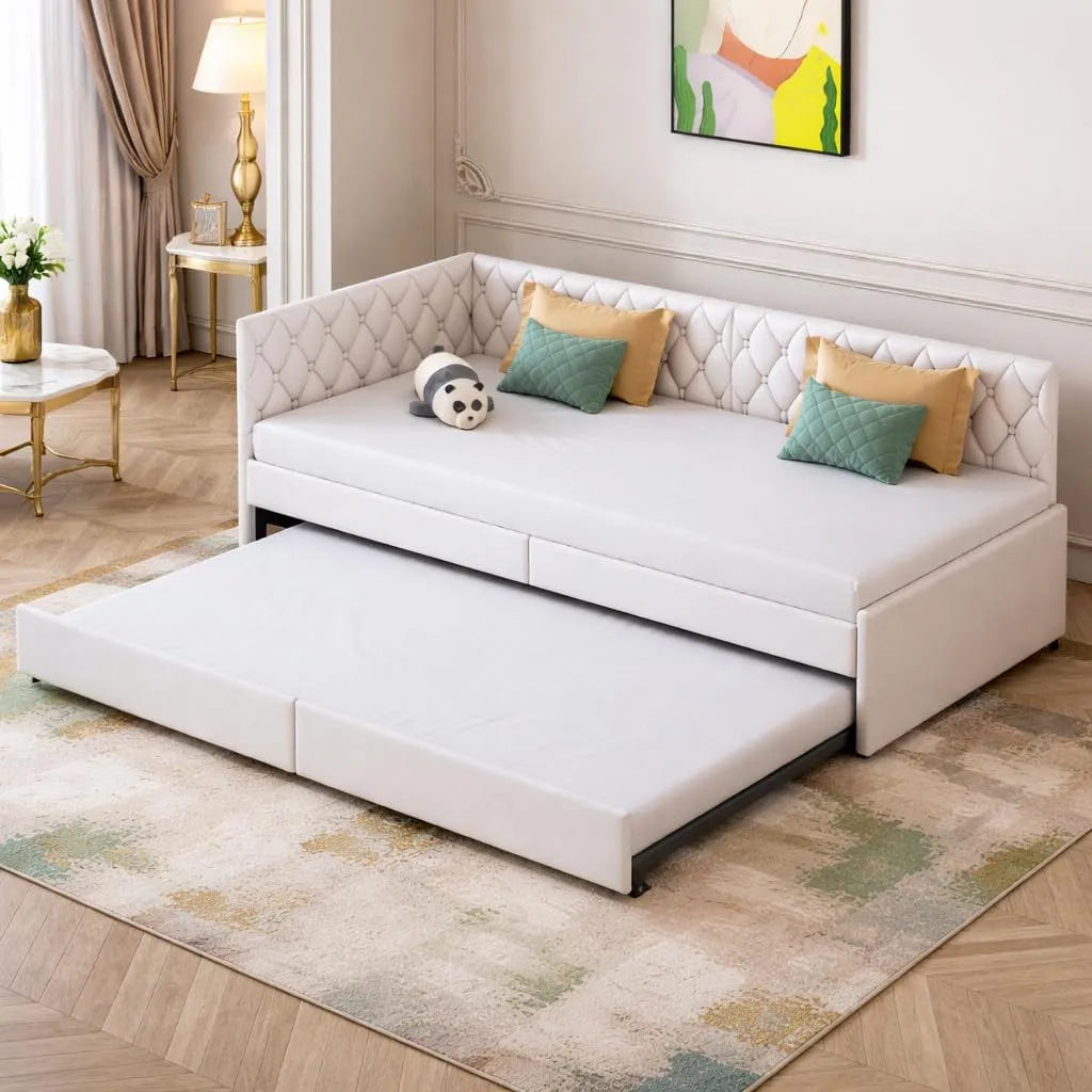 Sofa, 2-osobowa, 180 x 200 cm, składana konstrukcja, welur i tkanina, kolor beżowy