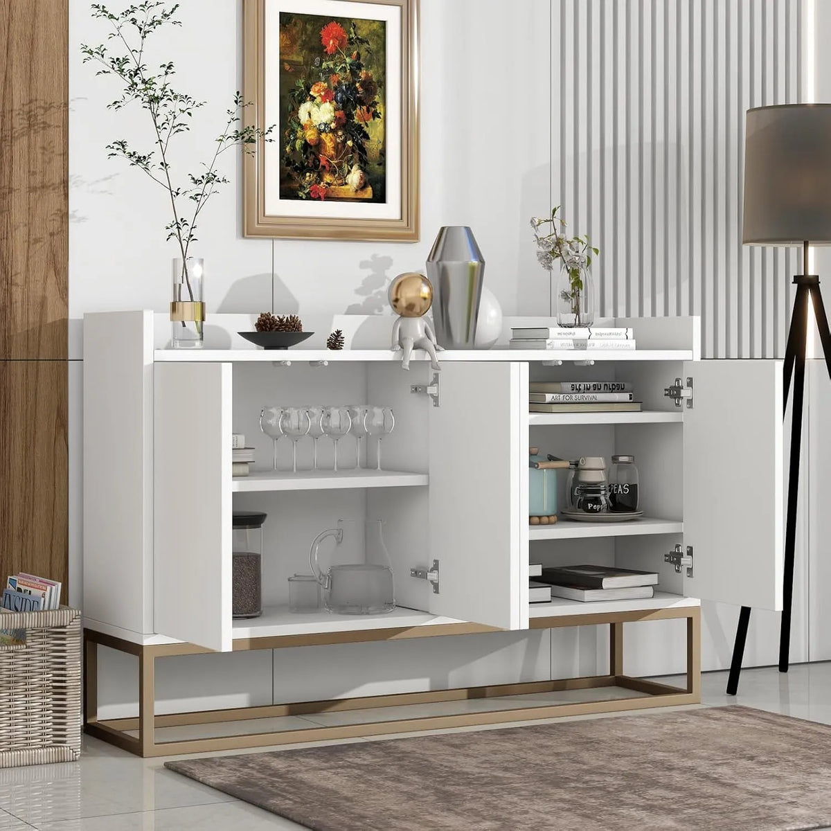 Kredens, 4-drzwiow, 120 x 30 x 80 cm, regulowane elementy, kolor biały, do salonu i do jadalni
