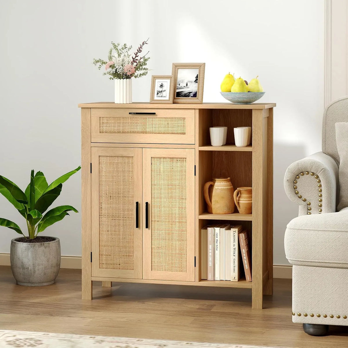 Kredens, 75 x 30 x 80 cm, 1 szuflada, 2 drzwi, rattan, kolor naturalny, do salonu i do jadalni