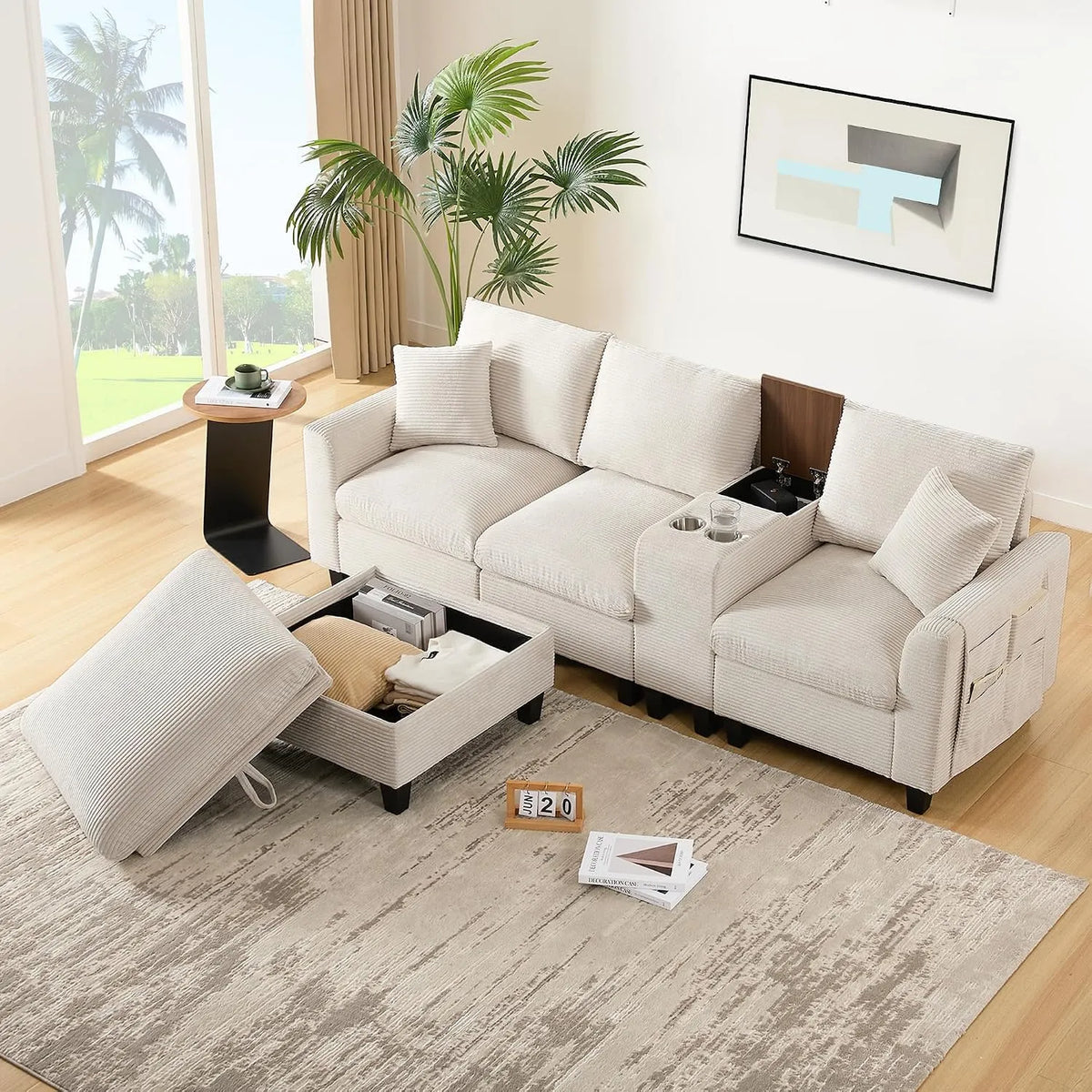 Sofa narożna, składana konstrukcja, z podłokietnikami, tkanina