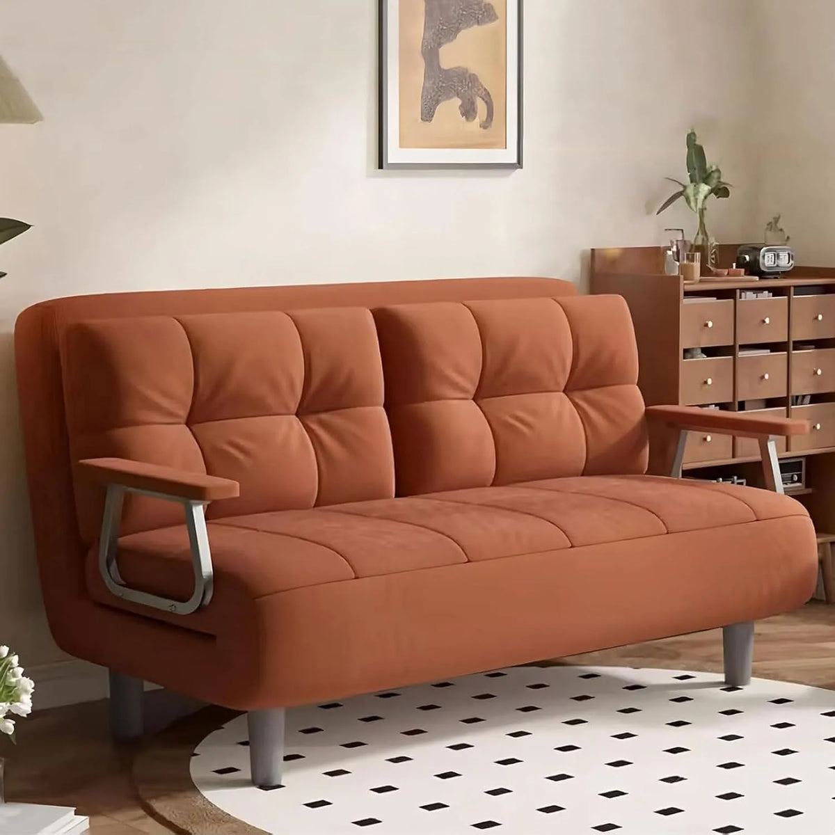 Sofa, Pojedyncza rozkładana, składana konstrukcja, stal i tkanina i pianka, do sypialni