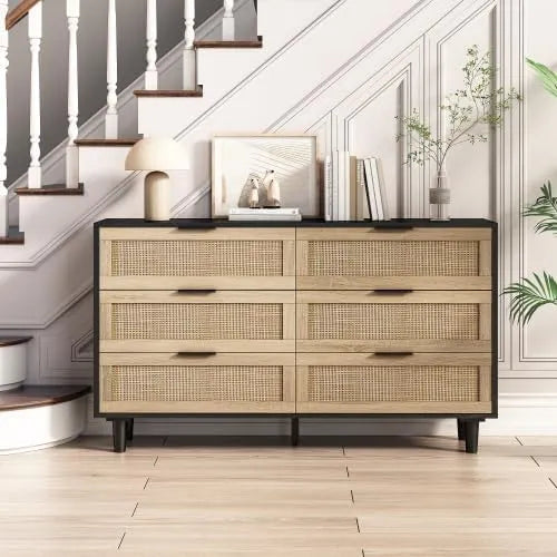 Komoda, Rattan, 6 szuflad, kolor czarny/naturalny, do salonu i do sypialni