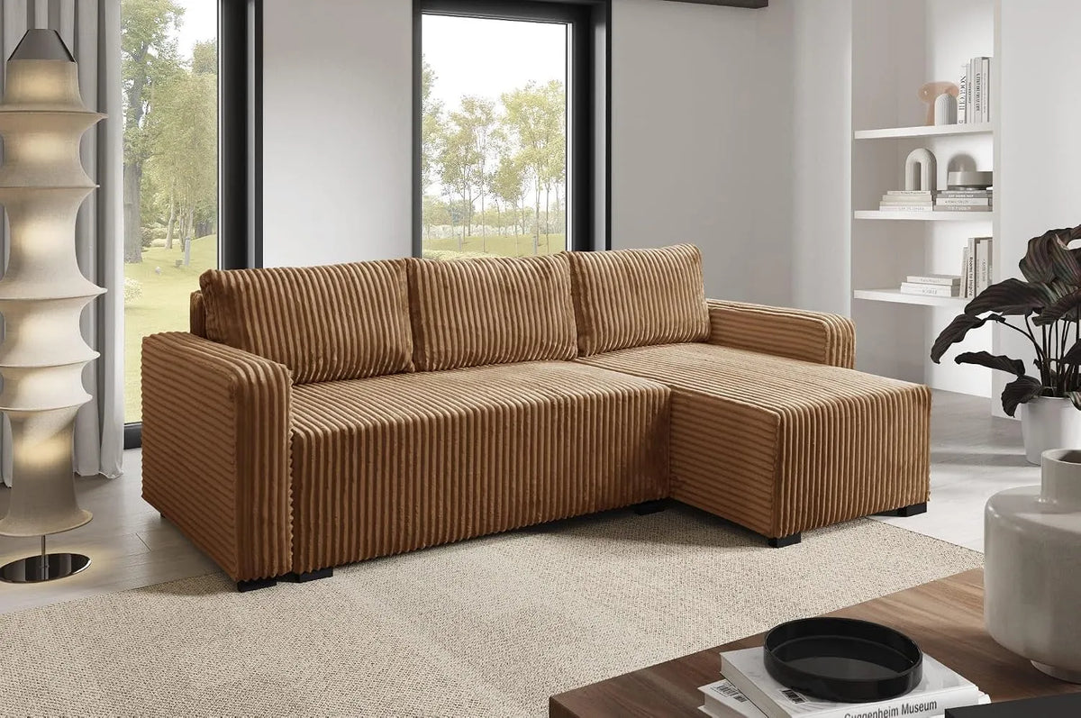 Sofa narożna, LIKMA, 200x140 cm, tapicerowane, składana konstrukcja, regulowane elementy, z zagłówkiem, tkanina