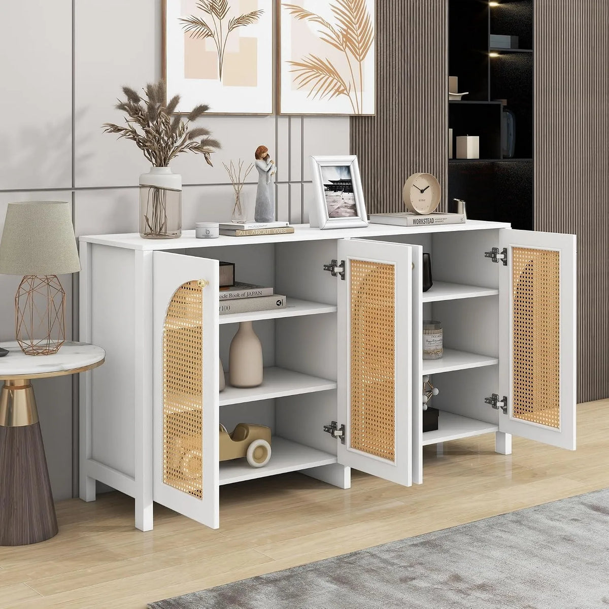Kredens, 145 x 80 x 40 cm, 4 drzwi, płyta MDF i metal i rattan, kolor biały, do salonu i do jadalni