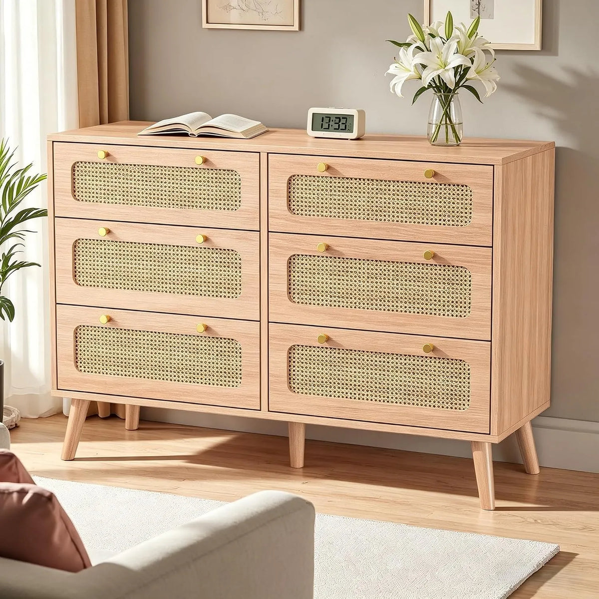 Komoda, 100 x 34 x 73 cm, 6 szuflad, rattan, do salonu i do sypialni